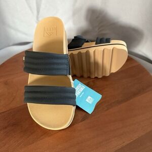 WOMEN'S REEF Platform Strappy Black/Tan KAIA‎ 2 BAR SANDALS SIZE 7 NEW in BOX